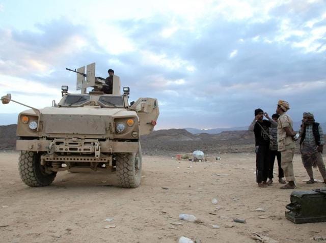 Yemeni tribesmen from the Popular Resistance Committees, supporting forces loyal to Yemen's Saudi-backed President Abedrabbo Mansour Hadi, hold a position in the area of Sirwa. (AFP) Yemeni tribesmen from the Popular Resistance Committees, supporting forces loyal to Yemen's Saudi-backed President Abedrabbo Mansour Hadi, hold a position in the area of Sirwa. (AFP)