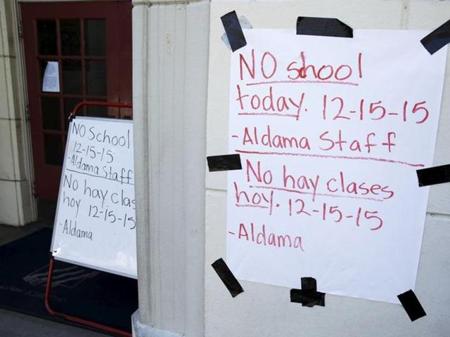 A sign announcing no school is pictured at Aldama Elementary School in the Highland Park neighborhood of Los Angeles, California December 15, 2015. The drastic decision on Tuesday to close more than 900 schools and to keep 640,000 students at home was made out of “an abundance of caution,” and in light of the deadly December 2 attacks in nearby San Bernardino. (REUTERS) A sign announcing no school is pictured at Aldama Elementary School in the Highland Park neighborhood of Los Angeles, California December 15, 2015. The drastic decision on Tuesday to close more than 900 schools and to keep 640,000 students at home was made out of “an abundance of caution,” and in light of the deadly December 2 attacks in nearby San Bernardino. (REUTERS)