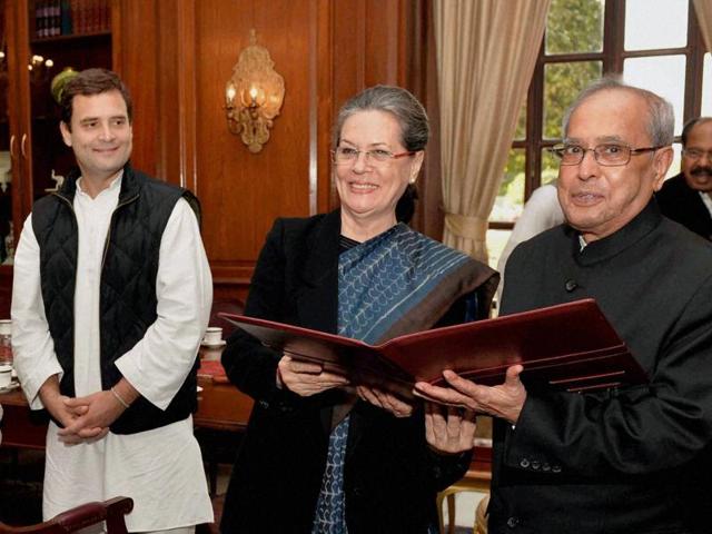 Congress President Sonia Gandhi submitting a memorandum to President Pranab Mukherjee at Rashtrapati Bhavan in New Delhi on Wednesday. (PTI) Congress President Sonia Gandhi submitting a memorandum to President Pranab Mukherjee at Rashtrapati Bhavan in New Delhi on Wednesday. (PTI)