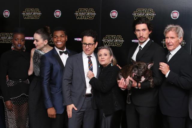 Lupita Nyong'o, from left, Daisy Ridley, John Boyega, JJ Abrams, Carrie Fischer, Adam Driver and Harrison Ford pose for photographers upon arrival at the European premiere of the film Star Wars: The Force Awakens. (AP) Lupita Nyong'o, from left, Daisy Ridley, John Boyega, JJ Abrams, Carrie Fischer, Adam Driver and Harrison Ford pose for photographers upon arrival at the European premiere of the film Star Wars: The Force Awakens. (AP)