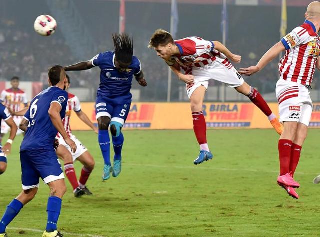Atletico de Kolkata striker Dejan Lekic trying to score a goal during their ISL semi-final match against Chennaiyin FC in Kolkata. (PTI Photo) Atletico de Kolkata striker Dejan Lekic trying to score a goal during their ISL semi-final match against Chennaiyin FC in Kolkata. (PTI Photo)