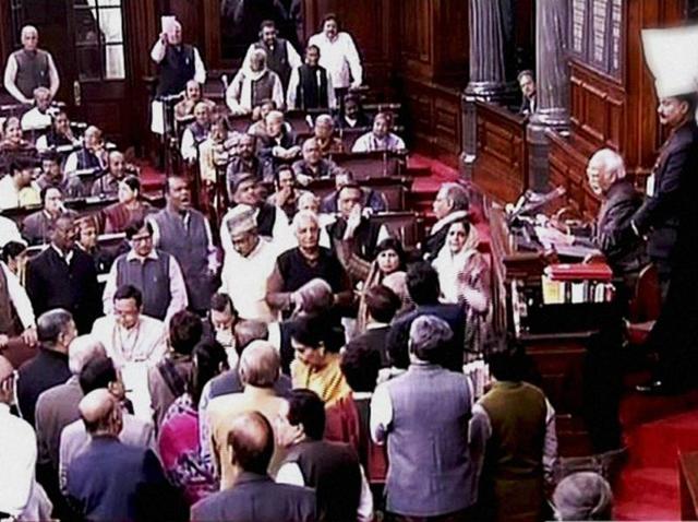 Opposition members protest in the Rajya Sabha in New Delhi on Thursday accusing the Governor of Arunachal Pradesh of seeking to ‘destabilise’ its government there. (PTI) Opposition members protest in the Rajya Sabha in New Delhi on Thursday accusing the Governor of Arunachal Pradesh of seeking to ‘destabilise’ its government there. (PTI)