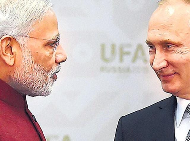 Prime Minister Modi with Russian President Vladimir Putin in Ufa, Russia. (PTI Photo)