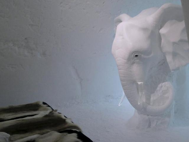 An elephant ice sculpture inside one of the rooms. After months of painstaking effort, the hotel melts every spring, only to be rebuilt, with new art installations the next year.  (REUTERS) 