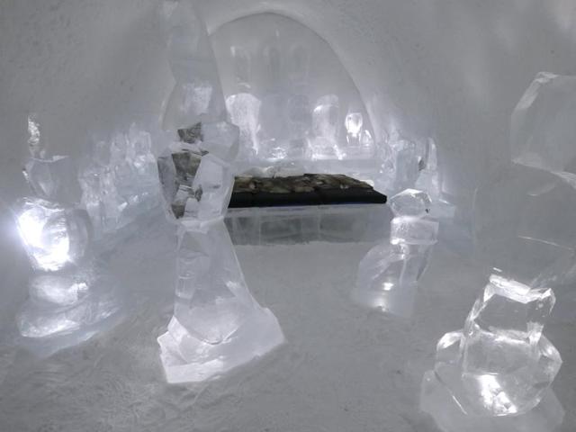 A general view of a room in the hotel. Every winter, ice is cut from the frozen Torne River nearby, and a dedicated team of builders and sculptors take months to finish this iconic structure.  (REUTERS) 