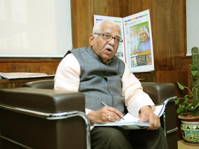 Uttar Pradesh governor Ram Naik at Hindustan Times office in Lucknow. (Ashok Dutta/HT photo)