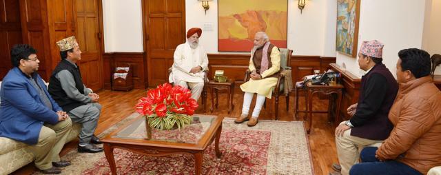 Prime Minister Narendra Modi in a meeting with a delegation of members of the Gorkha Janmukti Morcha led by BJP MP SS Ahluwalia in New Delhi on Thursday. (PTI)