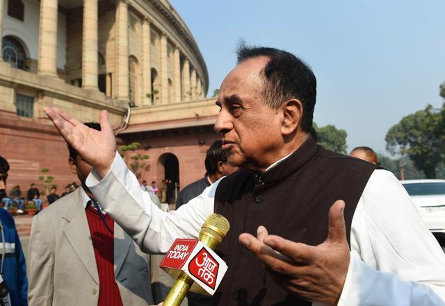 Bhartiya Janata Party (BJP) leader Subramaniam Swamy interacts with members of the media at Parliament House (AFP) Bhartiya Janata Party (BJP) leader Subramaniam Swamy interacts with members of the media at Parliament House (AFP)