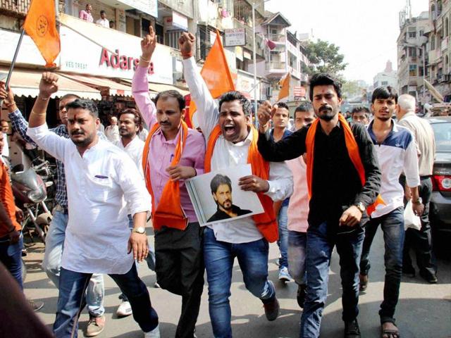 Hindu Rashtriya Sena activists protest against the screening of SRK’s Dilwale near a mall in Mumbai on Friday. (PTI)