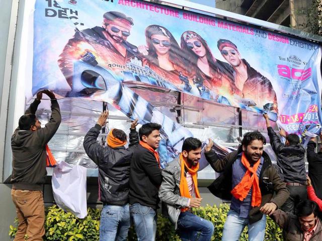 Hindu Sena activists protest against actor Shah Rukh Khan's Dilwale in New Delhi on Friday. (PTI)
