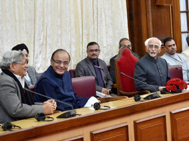 Rajya Sabha chairman Hamid Ansari with union finance minister Arun Jaitley and CPI(M) general secretary Sitaram Yechury during an all-party meeting at Parliament house during the winter session. (PTI Photo) Rajya Sabha chairman Hamid Ansari with union finance minister Arun Jaitley and CPI(M) general secretary Sitaram Yechury during an all-party meeting at Parliament house during the winter session. (PTI Photo)
