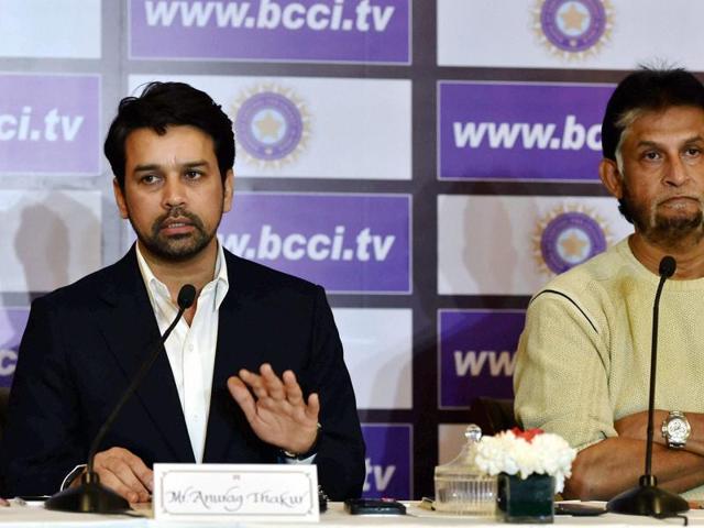 Chief selector Sandeep Patil with BCCI secretary Anurag Thakur during a news conference after a selection committee meeting to pick the India squad for Australia tour, in New Delhi.(PTI Photo) Chief selector Sandeep Patil with BCCI secretary Anurag Thakur during a news conference after a selection committee meeting to pick the India squad for Australia tour, in New Delhi.(PTI Photo)