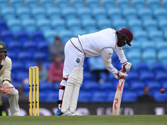 West Indies batsman Kraigg Brathwaite lofts a ball away against Australia on the third day of the first cricket Test match in Hobart on December 12, 2015.(AFP Photo)