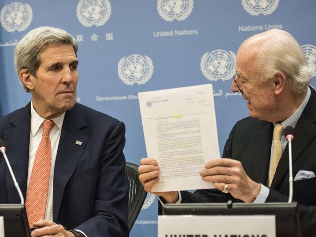 Foreign minister of Russia, Sergey Lavrov (L) and US secretary of state John Kerry shake hands at a press conference after the UN Security Council meeting on Syria at the United Nations in New York on Friday. The UN Security Council on Friday unanimously adopted a resolution endorsing a peace process to end the nearly five-year war in Syria. (AFP) Foreign minister of Russia, Sergey Lavrov (L) and US secretary of state John Kerry shake hands at a press conference after the UN Security Council meeting on Syria at the United Nations in New York on Friday. The UN Security Council on Friday unanimously adopted a resolution endorsing a peace process to end the nearly five-year war in Syria. (AFP)