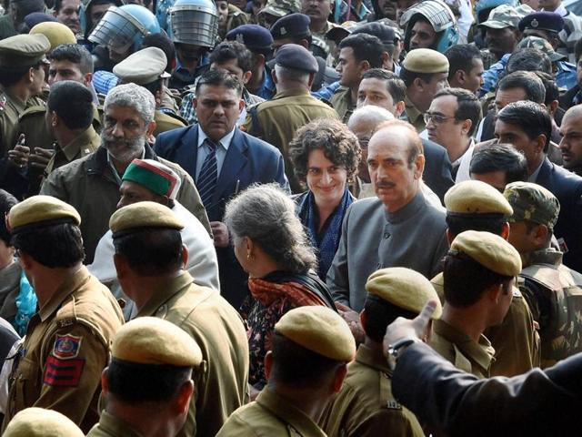 Priyanka Gandhi Vadra with Congress leaders Ambika Soni and Ghulam Nabi Azad at Patiala House court.  Priyanka stood surety for her brother Rahul in the court. (PTI) 