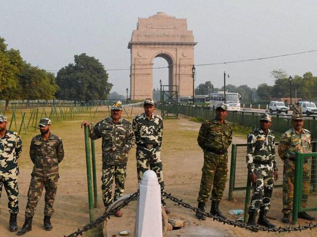 Tight security at the India Gate ahead of the protest by parents of the December 16 gangrape victim in New Delhi on Sunday. (PTI Photo) Tight security at the India Gate ahead of the protest by parents of the December 16 gangrape victim in New Delhi on Sunday. (PTI Photo)