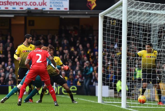 Nathan Ake (second from right) watches as his shot crosses the Liverpool goal-line for Watford’s opening goal. (AFP Photo) Nathan Ake (second from right) watches as his shot crosses the Liverpool goal-line for Watford’s opening goal. (AFP Photo)