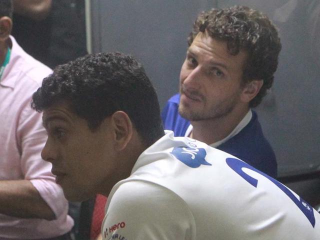 Chennaiyin FC’s Elano Blumer (blue) at the police station in Margao in the early hours of December 21, 2015.(PTI Photo)