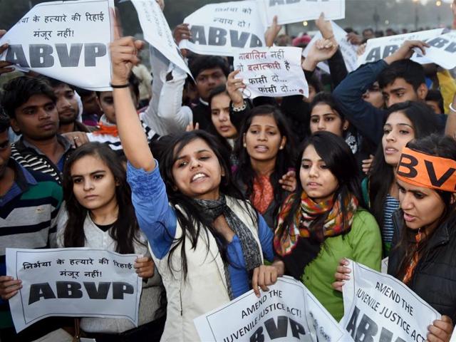 ABVP students protest against the release of juvenile convict in the December 16 gangrape case at India Gate in New Delhi. (PTI Photo)