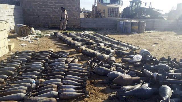 Weapons and explosives confiscated by Iraqi security forces from Islamic State militants at an Iraqi army base as security forces advance their position in northern Ramadi, 70 miles (115 km ) West of Baghdad. (AP) Weapons and explosives confiscated by Iraqi security forces from Islamic State militants at an Iraqi army base as security forces advance their position in northern Ramadi, 70 miles (115 km ) West of Baghdad. (AP)