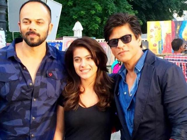 Shah Rukh Khan and Kajol with director Rohit Shetty on the sets of Dilwale. (Photo: Twitter)