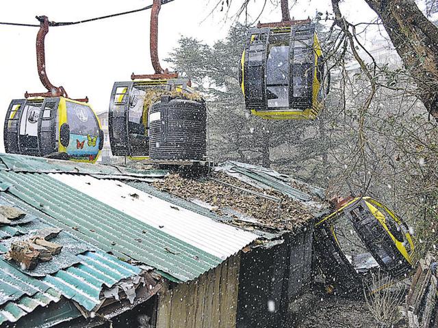 One of the four trolleys used for trial runs detached from the cable and came down crashing in the backyard of a residential building on Wednesday. (Deepak Sansta/HT) One of the four trolleys used for trial runs detached from the cable and came down crashing in the backyard of a residential building on Wednesday. (Deepak Sansta/HT)