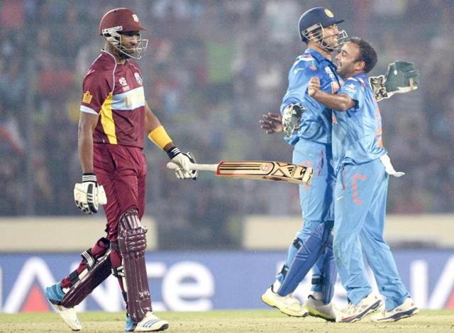 West Indies' Chris Gayle plays a shot during the ICC World Twenty20 match against India at the Sher-e-Bangla National Cricket Stadium in Dhaka.(AFP Photo)