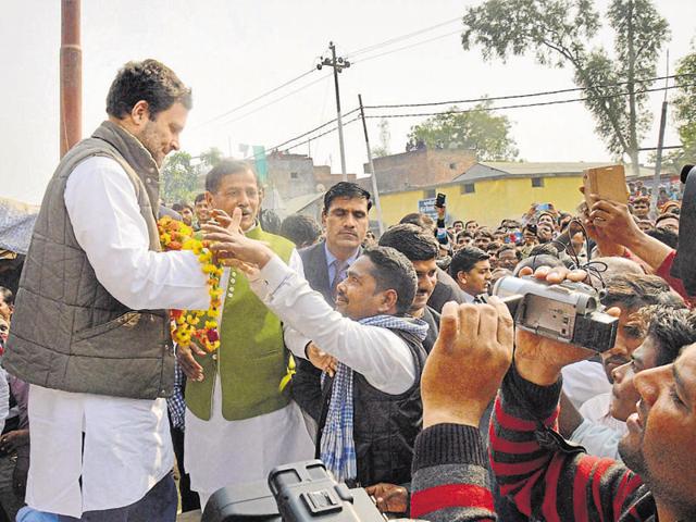 Congress vice-president Rahul Gandhi meets people during his visit to Amethi in Uttar Pradesh on Wednesday.(PTI photo)