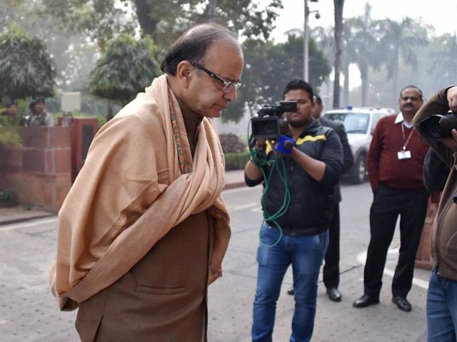 Finance minister Arun Jaitley during the winter session of Parliament in New Delhi on Wednesday.(PTI)