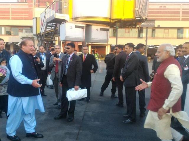 PM Narendra Modi arrived in Lahore on Friday for a ‘surprise’ meeting with his Pakistani counterpart Nawaz Sharif, marking another step forward by the two countries in their efforts to put ties on an even keel. (Twitter/@MEAIndia)