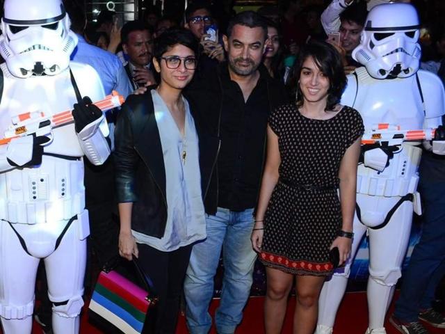 Actor Aamir Khan poses with wife Kiran Rao and daughter Ira during the premier of Disney's Star Wars - The Force Awakens, in Mumbai. (IANS)