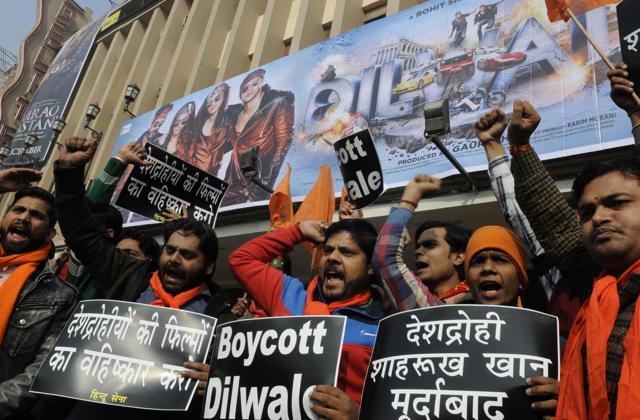 Activist of Hindu Sena held a protest against the screening of the Shah Rukh Khan starrer Dilwale at Delite Cinema Asif Ali Road in New Delhi on December 18, 2015. Shah Rukh had earlier said that ‘religious intolerance and not being secular is the worst kind of crime that you can do as a patriot’. (Sonu Mehta/ Hindustan Times) Activist of Hindu Sena held a protest against the screening of the Shah Rukh Khan starrer Dilwale at Delite Cinema Asif Ali Road in New Delhi on December 18, 2015. Shah Rukh had earlier said that ‘religious intolerance and not being secular is the worst kind of crime that you can do as a patriot’. (Sonu Mehta/ Hindustan Times)