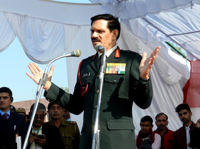 Army Chief General Dalbir Singh Suhag addressing a gathering at his native village Bishan village of Jhajjar district on Saturday. (Manoj Dhaka/HT Photo)