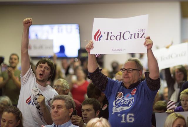 Supporters cheer as Republican presidential candidate Ted Cruz speaks during a campaign stop in Oklahoma City on Wednesday. (AP) Supporters cheer as Republican presidential candidate Ted Cruz speaks during a campaign stop in Oklahoma City on Wednesday. (AP)