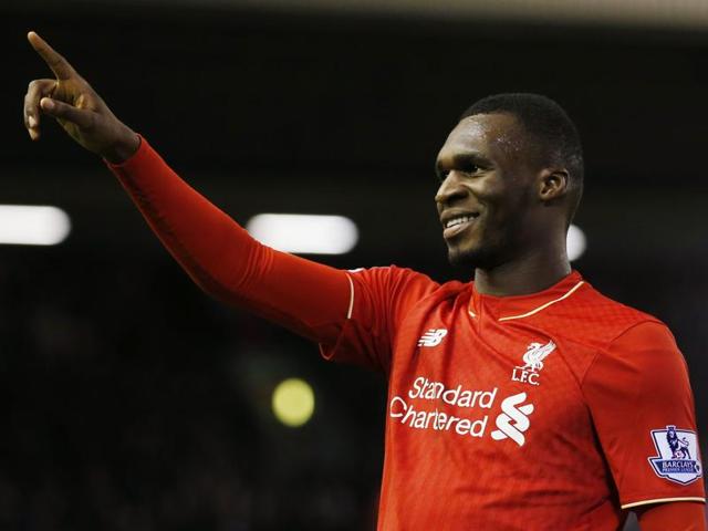 Christian Benteke celebrates scoring the first goal against Leicester City for Liverpool with team mates . (Reuters Photo) Christian Benteke celebrates scoring the first goal against Leicester City for Liverpool with team mates . (Reuters Photo)
