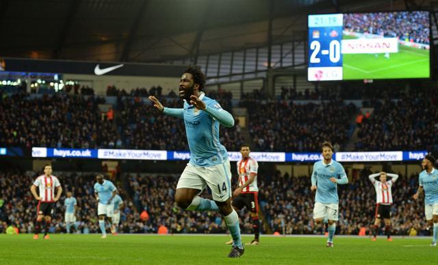 Manchester City's Ivorian striker Wilfried Bony celebrates scoring their third goal during the English Premier League football match between Manchester City and Sunderland at The Etihad stadium. (AFP Photo) Manchester City's Ivorian striker Wilfried Bony celebrates scoring their third goal during the English Premier League football match between Manchester City and Sunderland at The Etihad stadium. (AFP Photo)