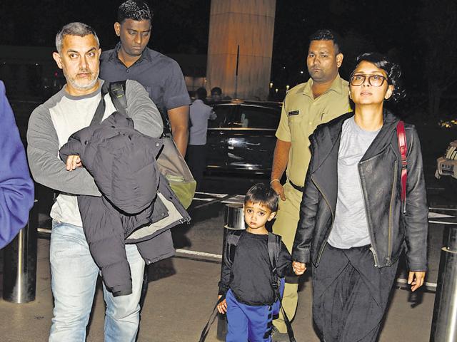 Aamir Khan leaves for Switzerland along with wife Kiran Rao and son Azad Rao. (photo: Manav Manglani/HT) 