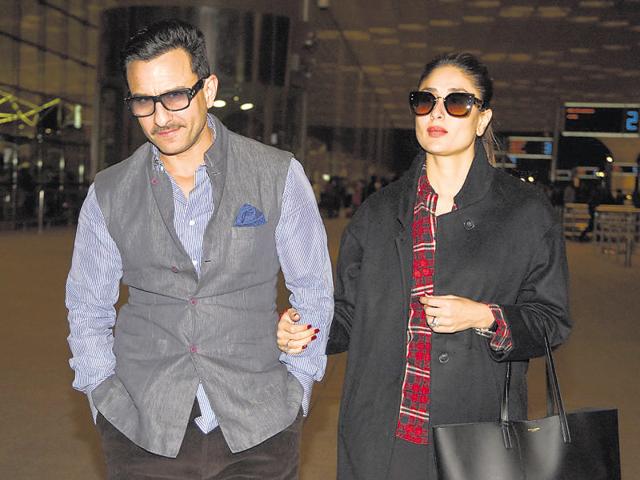 Saif Ali Khan and Kareena Kapoor spotted at Mumbai airport as they leave for their holidays in the Swiss Alps. (photo: Manav Manglani/HT) 