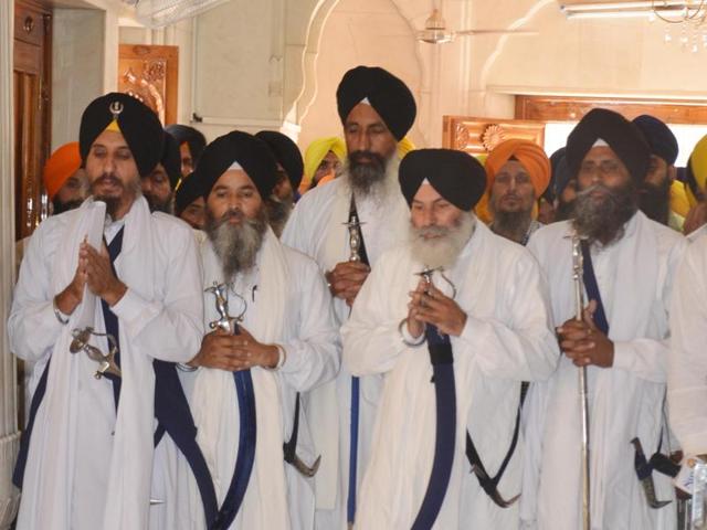 File Photo of Panj Pyaras (five beloved ones of the Guru) at the Akal Takht Golden Temple complex. (HT Photo) File Photo of Panj Pyaras (five beloved ones of the Guru) at the Akal Takht Golden Temple complex. (HT Photo)