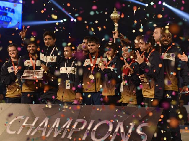 Mumbai Garuda celebrates their win in the Pro Wrestling League after defeating Haryana Hammers in the final at the Indira Gandhi International Stadium in New Delhi on December 27, 2015. (Ravi Choudhary/HT Photo) Mumbai Garuda celebrates their win in the Pro Wrestling League after defeating Haryana Hammers in the final at the Indira Gandhi International Stadium in New Delhi on December 27, 2015. (Ravi Choudhary/HT Photo)