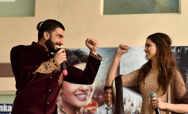 Ranveer Singh and Deepika Padukone during the promotion of their upcoming fim Bajirao Mastani in Lucknow on Wednesday. (PTI)