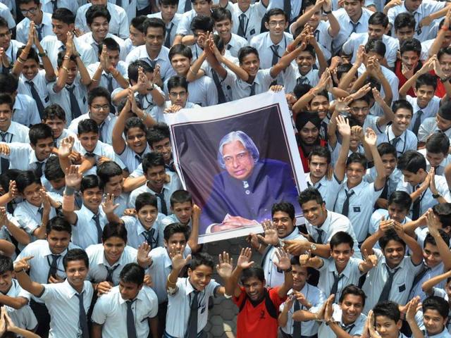 Children paying tributes to former President APJ Abdul Kalam on his 84th birth anniversary, at Pei Karumbu ground, in Rameswaram. (PTI File) Children paying tributes to former President APJ Abdul Kalam on his 84th birth anniversary, at Pei Karumbu ground, in Rameswaram. (PTI File)