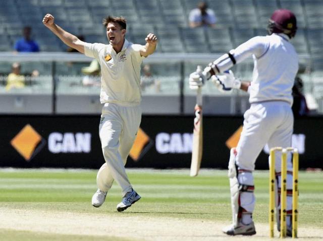 Australia's Mitchell Marsh celebrates capturing the wicket of West Indies' Marlon Samuels during their cricket test match in Melbourne, Australia. (AP) Australia's Mitchell Marsh celebrates capturing the wicket of West Indies' Marlon Samuels during their cricket test match in Melbourne, Australia. (AP)