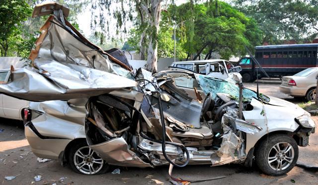 Damaged Honda City car in Chandigarh police station (Ravi Kumar/HT Photo) Damaged Honda City car in Chandigarh police station (Ravi Kumar/HT Photo)