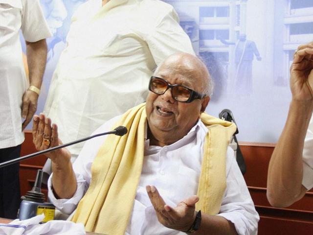 DMK chief M Karunanidhi addresses a press conference in Chennai. Nearly three years after snapping ties with the Congress, Karunanidhi on Monday said that the national party would be among those invited for an alliance for the next Assembly elections slated in 2016.(PTI File) DMK chief M Karunanidhi addresses a press conference in Chennai. Nearly three years after snapping ties with the Congress, Karunanidhi on Monday said that the national party would be among those invited for an alliance for the next Assembly elections slated in 2016.(PTI File)