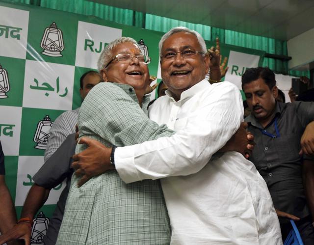 Nitish and Lalu celebrate with a hug after winning Bihar elections. (Arun Sharma/HT Photo) Nitish and Lalu celebrate with a hug after winning Bihar elections. (Arun Sharma/HT Photo)