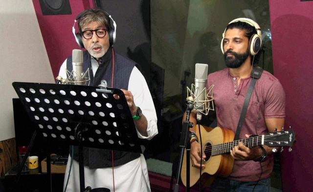 Amitabh Bachchan, Farhan Akhtar recording a song for upcoming film Wazir at Purple Haze studios in Bandra, Mumbai. (PTI) Amitabh Bachchan, Farhan Akhtar recording a song for upcoming film Wazir at Purple Haze studios in Bandra, Mumbai. (PTI)