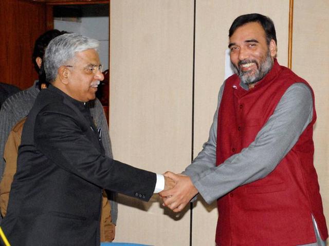 Delhi Transport Minister Gopal Rai meeting with Delhi Police Commissioner B S Bassi in New Delhi on Tuesday. (PTI) Delhi Transport Minister Gopal Rai meeting with Delhi Police Commissioner B S Bassi in New Delhi on Tuesday. (PTI)