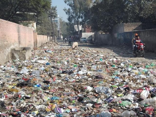 Most of the localities in the town have turned into garbage dumps. The blocked sewerage is also overflowing in many parts of the town, putting the local administration in a piquant situation.(HT PHOTO)