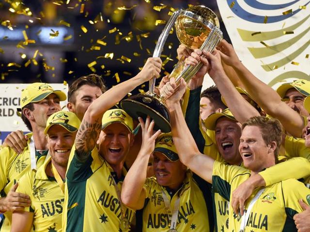 Five-time World Champions: Australian cricketers celebrating with the trophy after winning the 2015 World Cup final against New Zealand. (AFP Photo) 